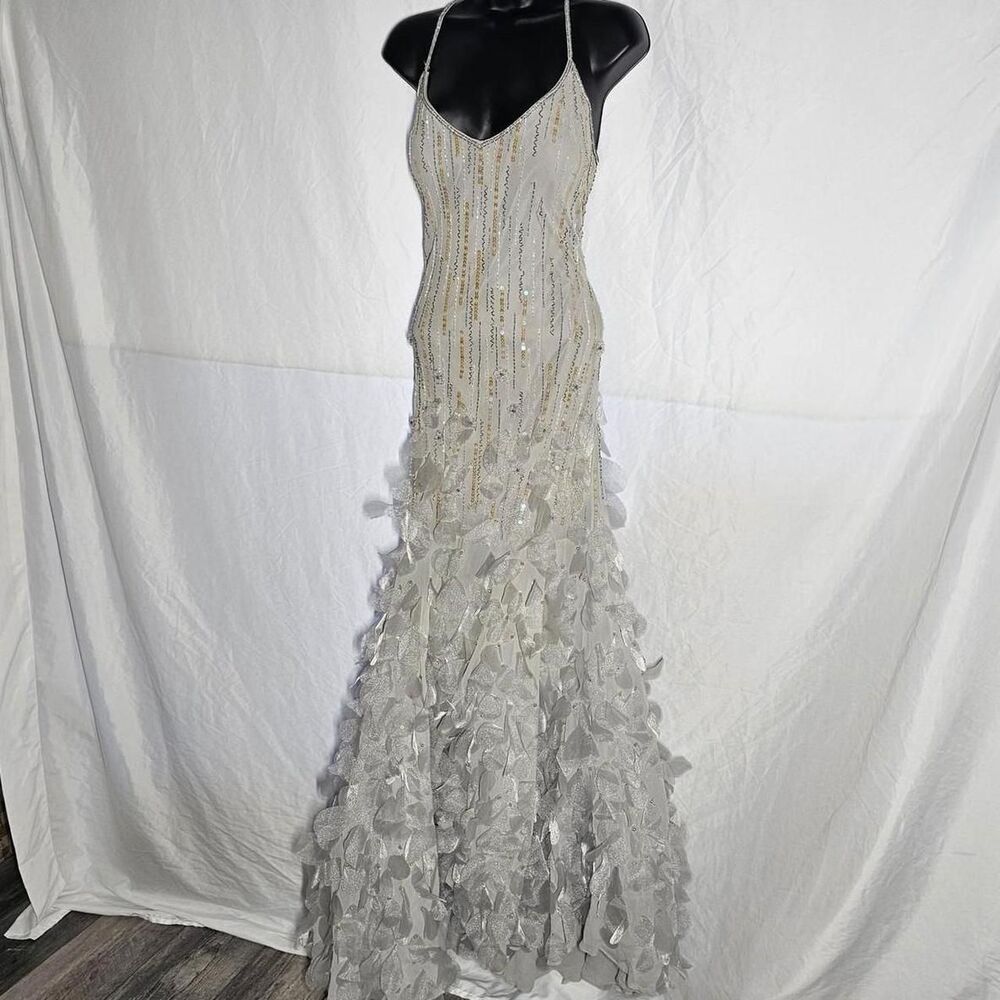 vtg y2k 2000's hand beaded silk fairy whimsical grey feather mermaid dress
